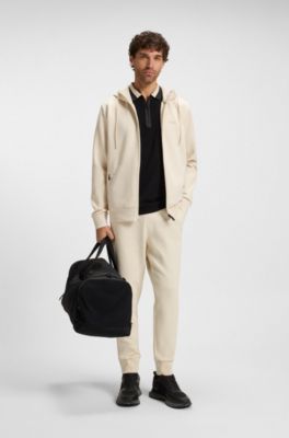 Zip-up hoodie in stretch cotton with logo print, Natural