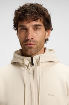 Zip-up hoodie in stretch cotton with logo print, Natural