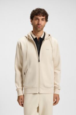 Zip-up hoodie in stretch cotton with logo print, Natural