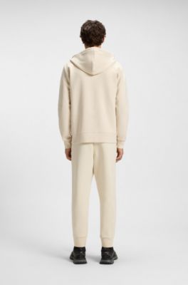 Zip-up hoodie in stretch cotton with logo print, Natural