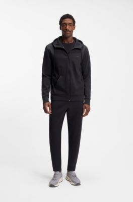 Zip-up hoodie in stretch cotton with logo print, Dark Blue