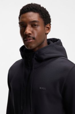 Zip-up hoodie in stretch cotton with logo print, Dark Blue