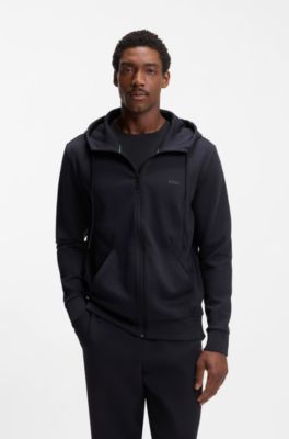 Zip-up hoodie in stretch cotton with logo print, Dark Blue