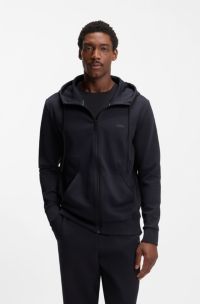 Zip-up hoodie in stretch cotton with logo print, Dark Blue