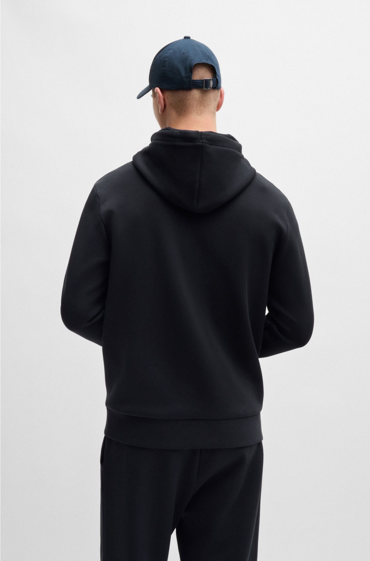 Stretch-cotton zip-up hoodie with logo print, Dark Blue