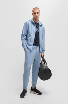 Zip-up hoodie in stretch cotton with logo print, Light Blue