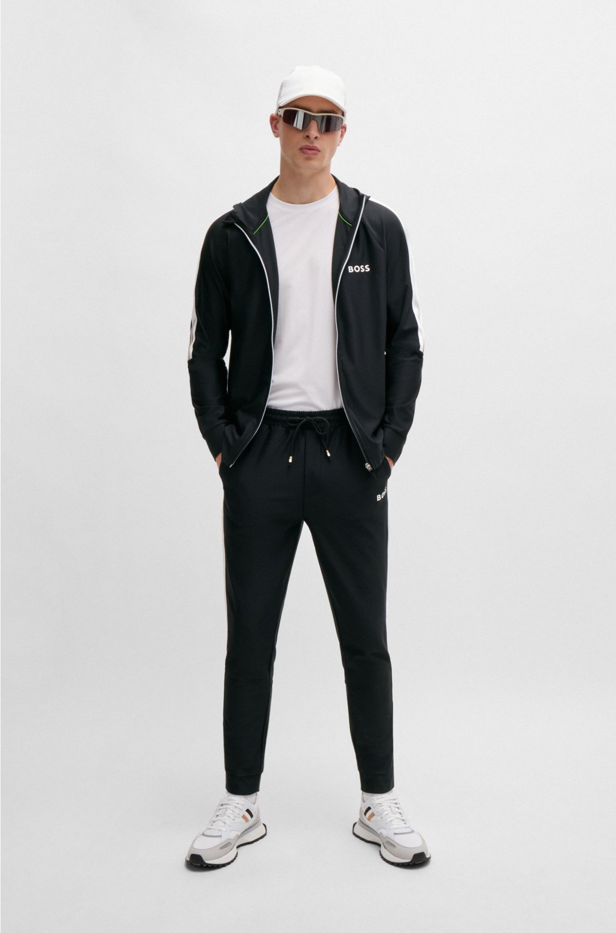 BOSS x MATTEO BERRETTINI Regular-fit zip-up hoodie with signature-stripe artwork, Black