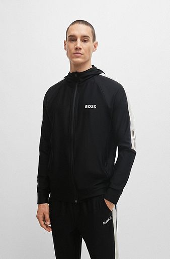 BOSS x MATTEO BERRETTINI Regular-fit hoodie met rits en kenmerkend gestreept artwork, Zwart