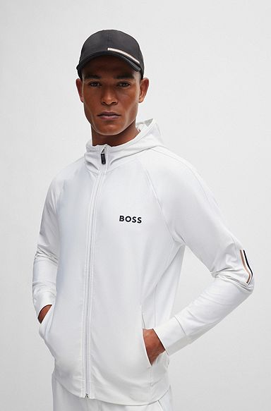 BOSS x MATTEO BERRETTINI Regular-fit hoodie met rits en kenmerkend gestreept artwork, Wit