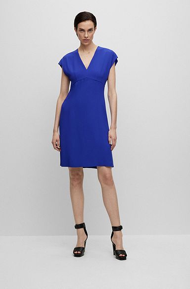 Slim-fit V-neck dress with cap sleeves, Blue