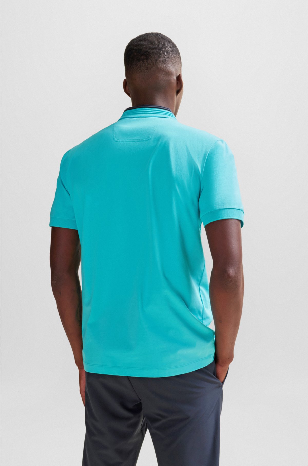 Stretch-cotton polo shirt with 3D-stripe collar, Turquoise