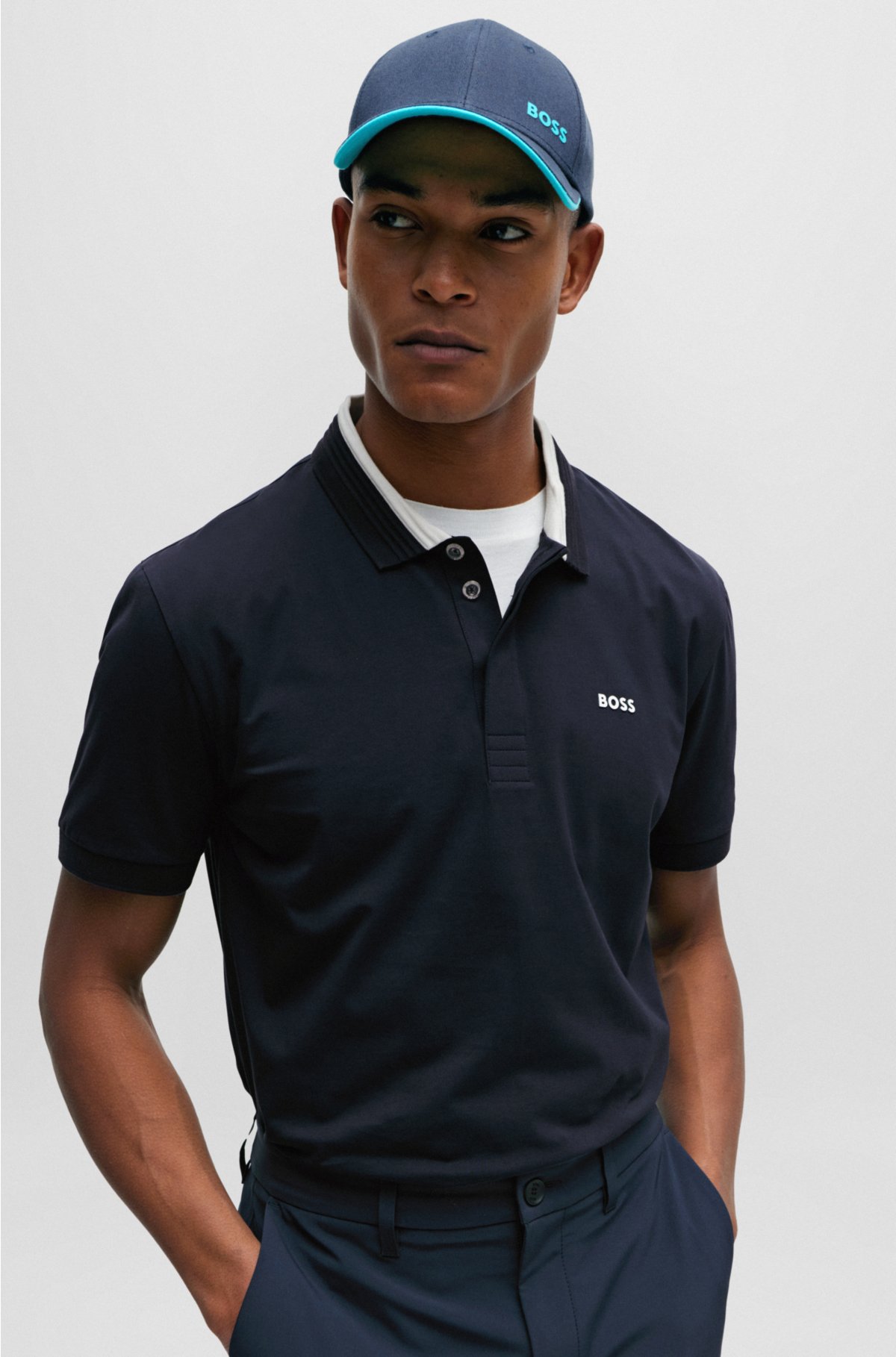 Stretch-cotton polo shirt with 3D-stripe collar, Dark Blue