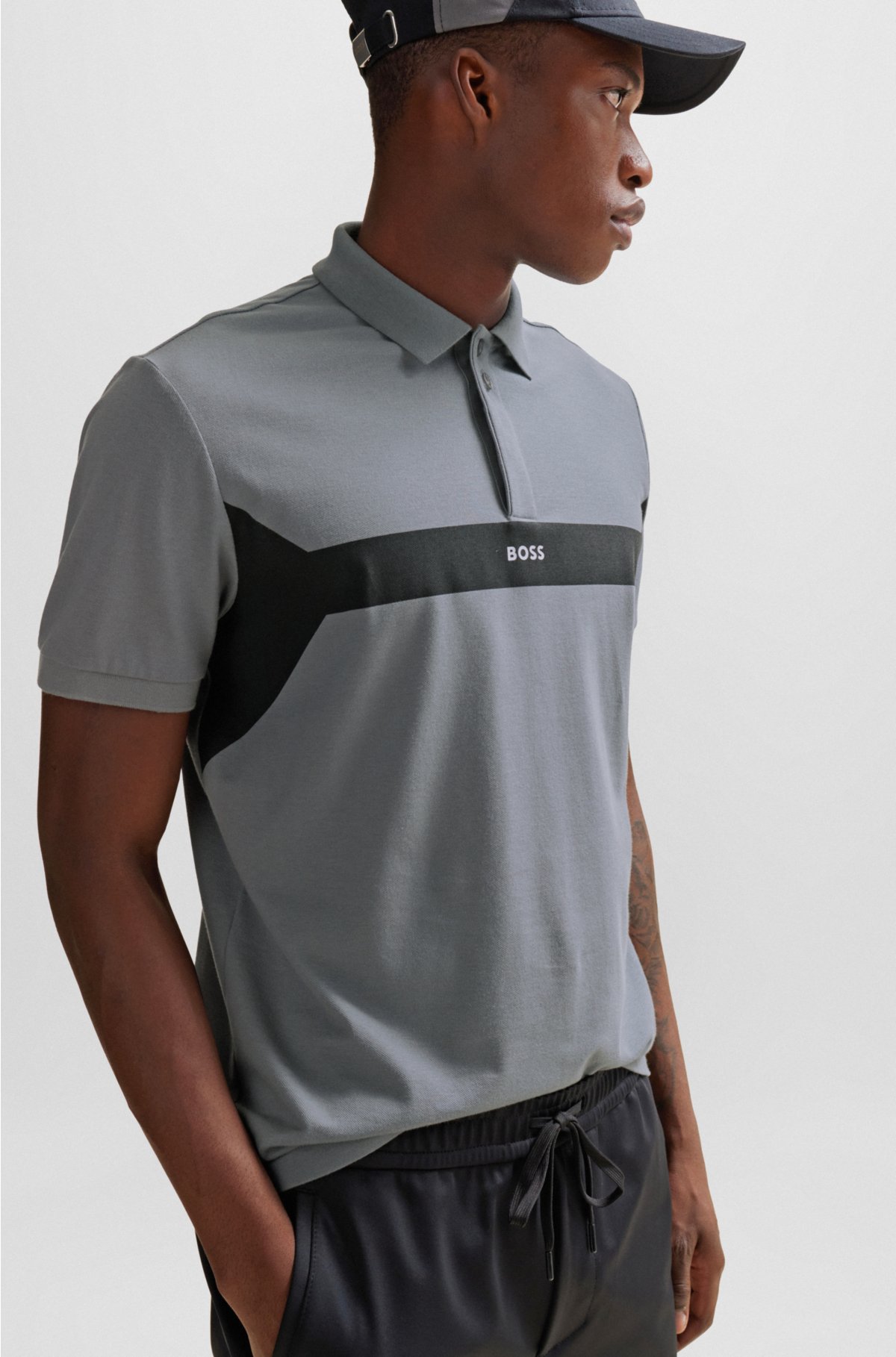 Cotton-piqué polo shirt with colour-blocking and logo, Grey