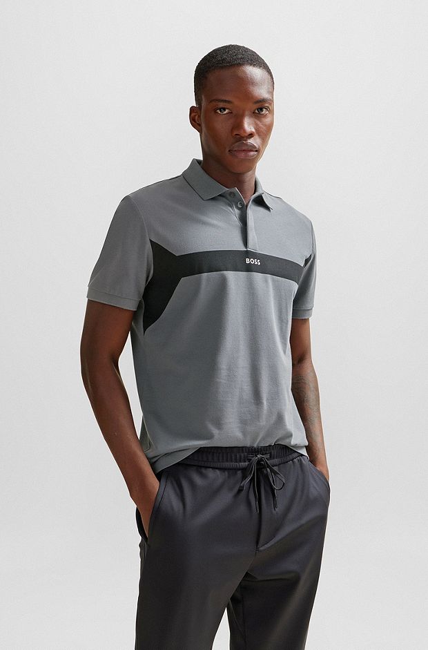Cotton-piqué polo shirt with colour-blocking and logo, Grey