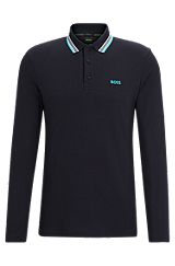 Long-sleeved polo shirt in cotton piqué with branding, Dark Blue