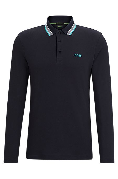 Long-sleeved polo shirt in cotton piqué with branding, Dark Blue