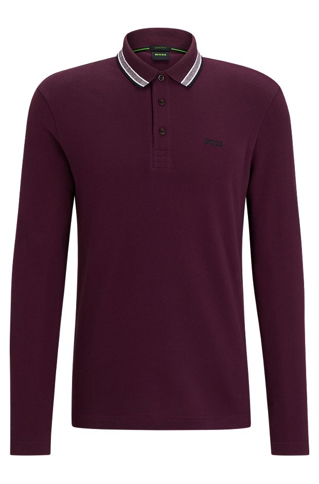 Long-sleeved polo shirt in cotton piqué with branding, Dark Red