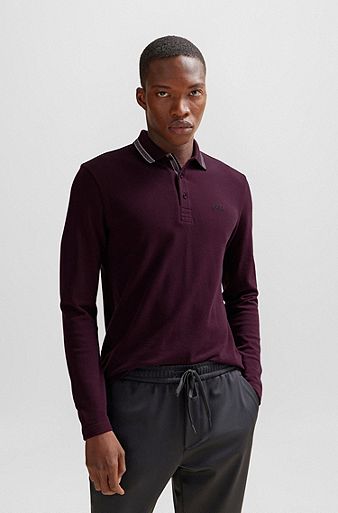 Long-sleeved polo shirt in cotton piqué with branding, Dark Red