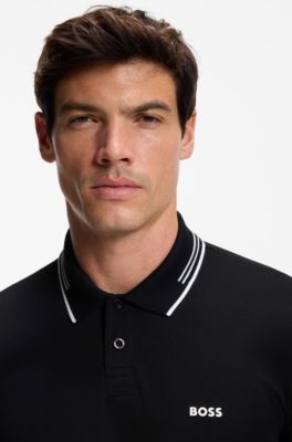 Slim-fit polo shirt with contrast-stripe details, Black