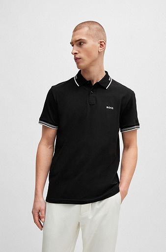 Stretch-cotton slim-fit polo shirt with branding, Black