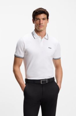 Polo slim fit in cotone elasticizzato con logo, Bianco