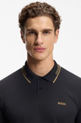 Slim-fit polo shirt with contrast-stripe details, Dark Blue