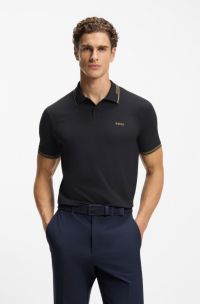 Polo Slim en coton stretch logoté, Bleu foncé