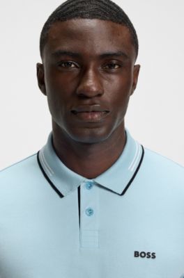 Slim-fit poloshirt i bomuld med str&aelig;k og branding, Lysebl&aring;