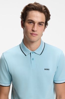 Slim-fit polo shirt with contrast-stripe details, Light Blue