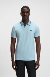 Stretch-cotton slim-fit polo shirt with branding, Light Blue