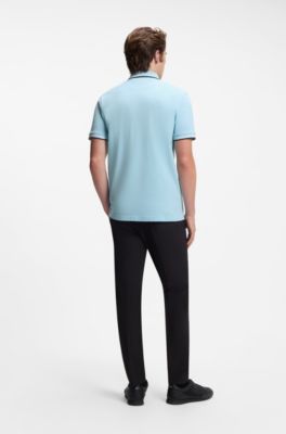 Slim-fit polo shirt with contrast-stripe details, Light Blue
