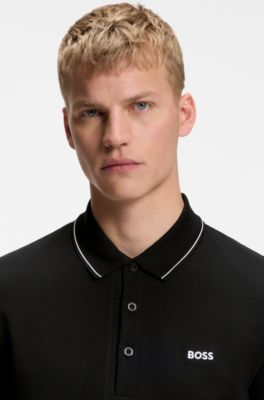 Cotton-piqu&eacute; slim-fit polo shirt with tonal logo, Black