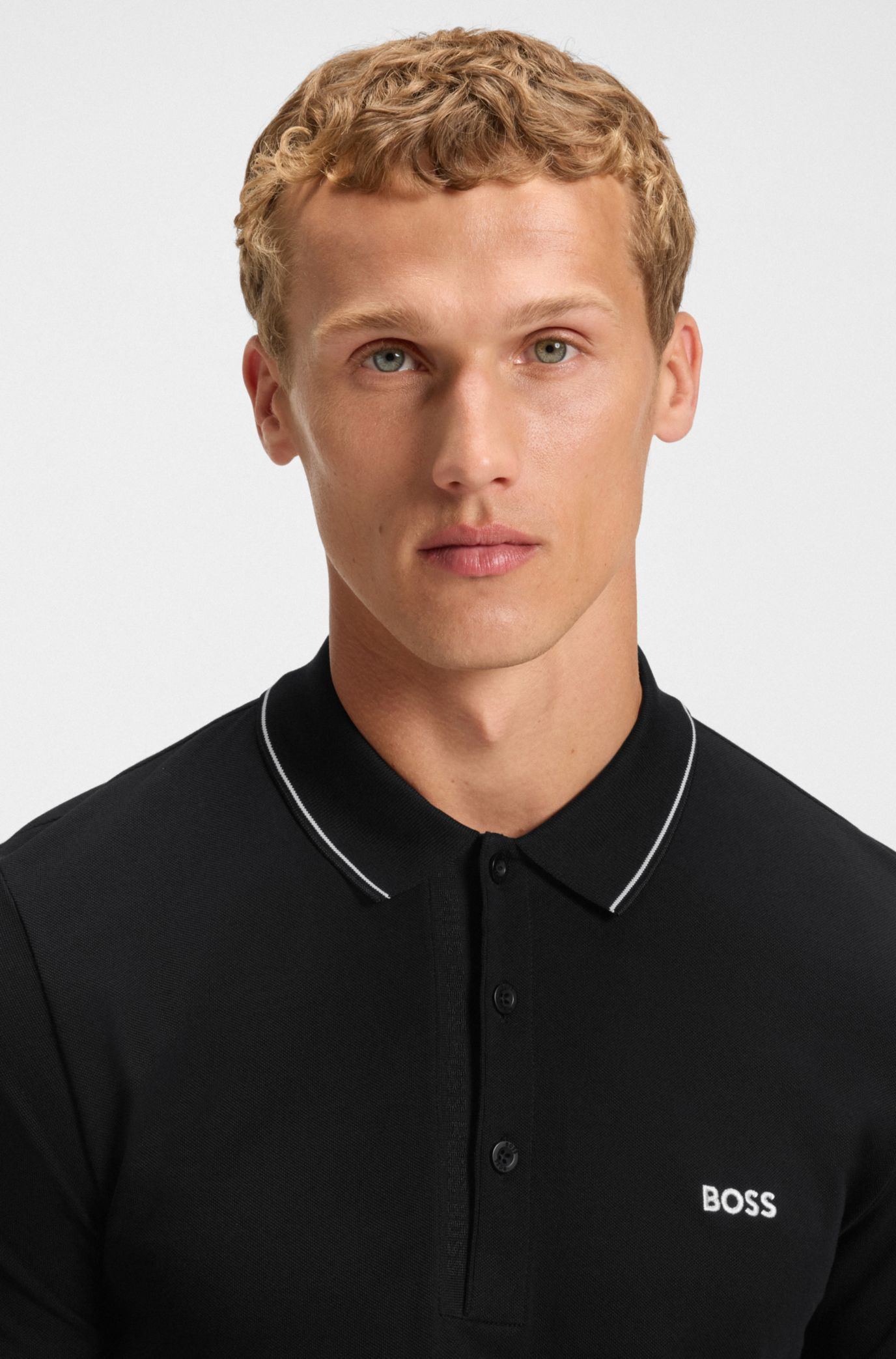 Polo Slim en piqué de coton à logo ton sur ton, Noir