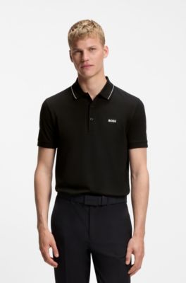Slim-fit cotton piqu&eacute; polo shirt with logo, Black