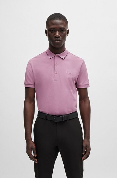 Cotton-piqué slim-fit polo shirt with tonal logo, Light Purple