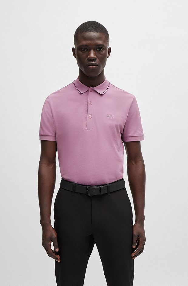Cotton-piqué slim-fit polo shirt with tonal logo, Light Purple