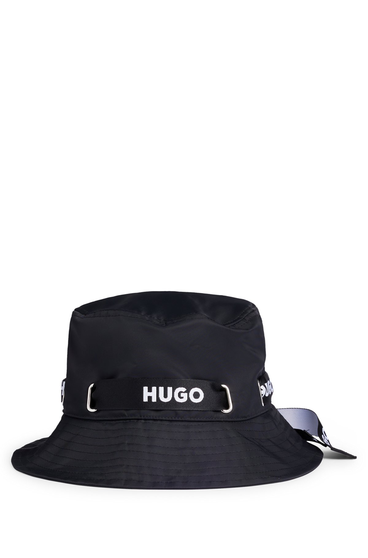 Branded-ribbon bucket hat in waterproof nylon, Black