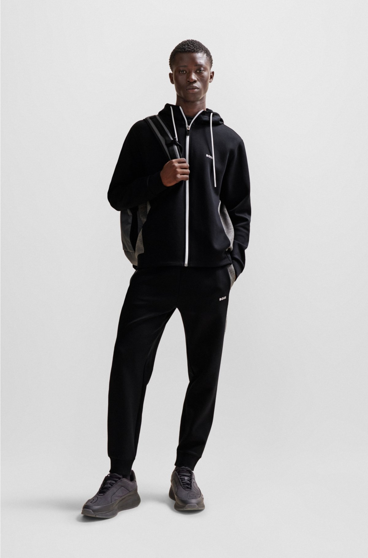 Stretch-cotton tracksuit with fabric contrasts, Black