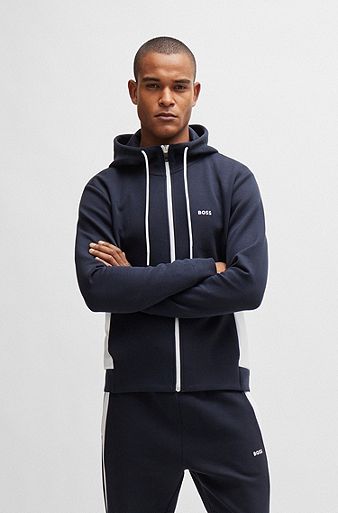Stretch-cotton tracksuit with fabric contrasts, Dark Blue