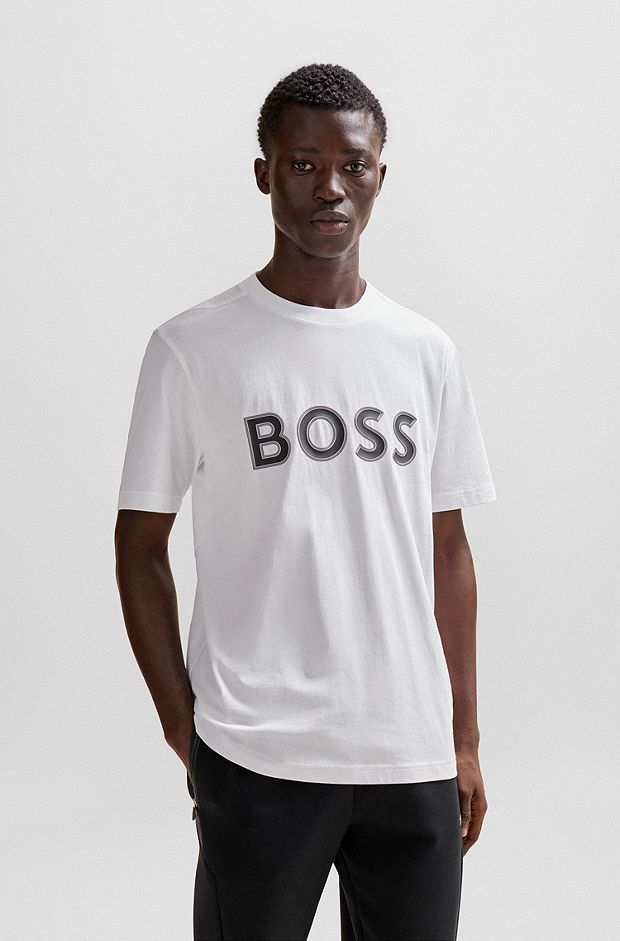 Regular fit T-shirt i bomuldsjersey med logoprint, Hvid