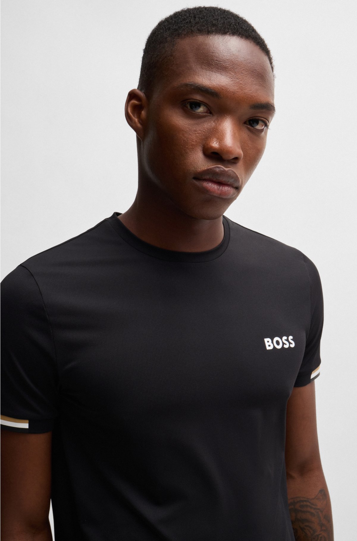 BOSS x Matteo Berrettini waffle-fabric T-shirt with signature-stripe artwork, Black