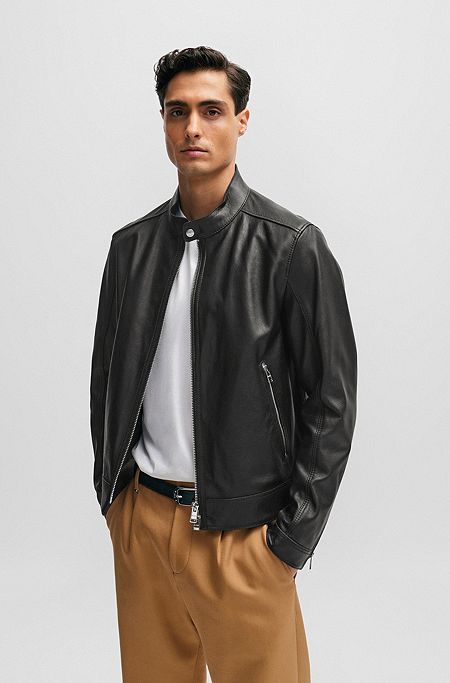 Regular-fit jacket in grained leather, Black
