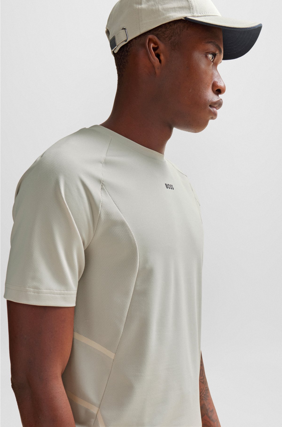 Super-stretch slim-fit T-shirt with decorative reflective artwork, Light Beige