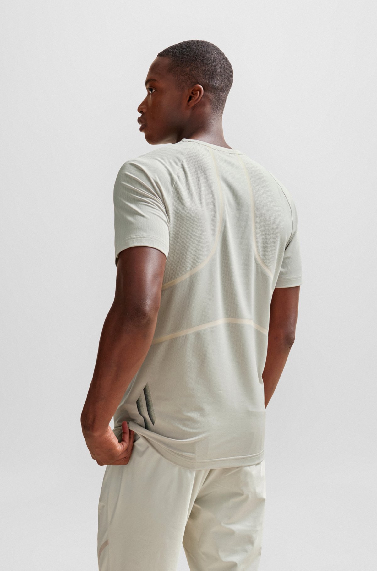 Super-stretch slim-fit T-shirt with decorative reflective artwork, Light Beige