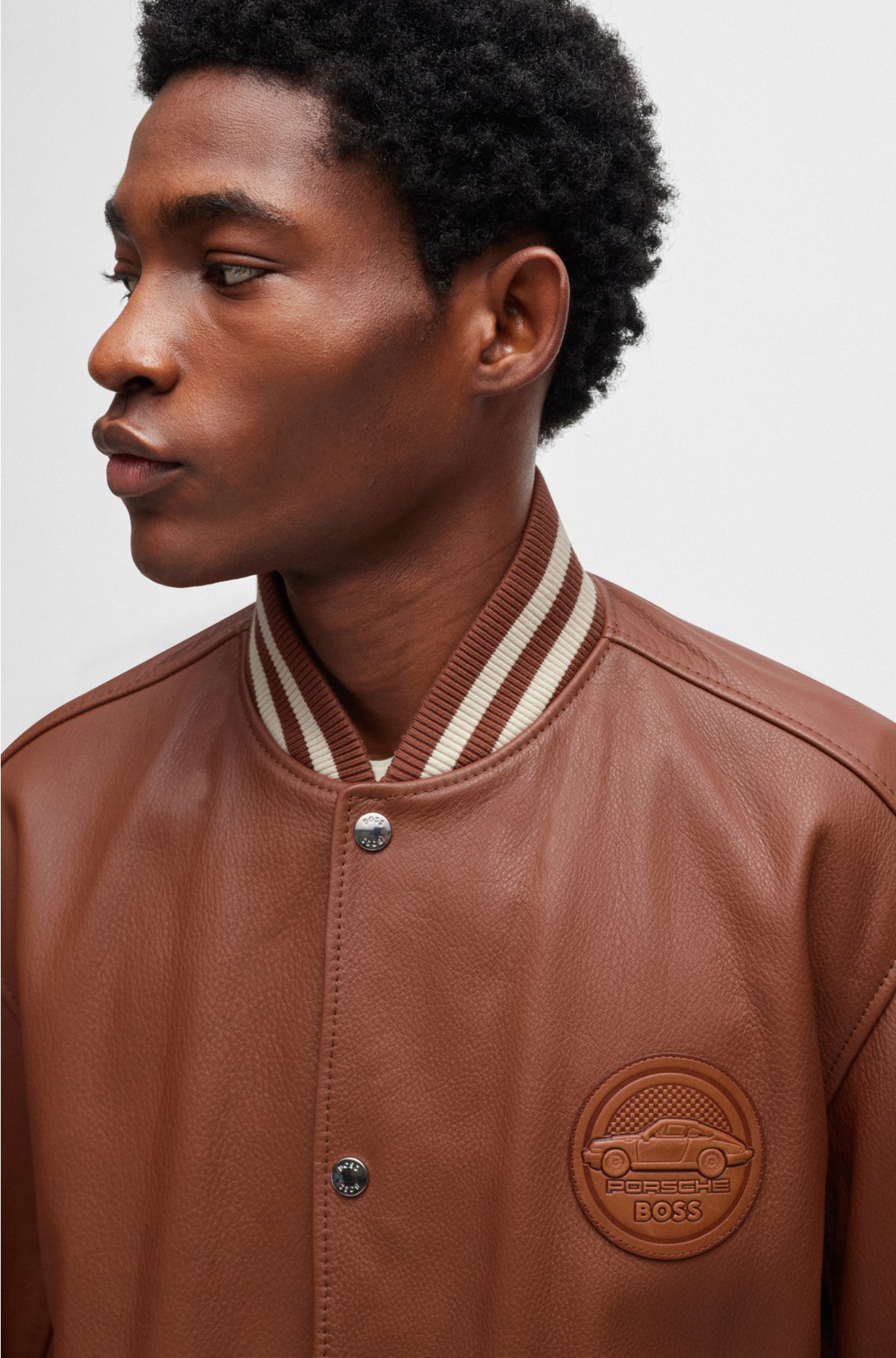 Porsche x BOSS leather jacket with special branding, Brown