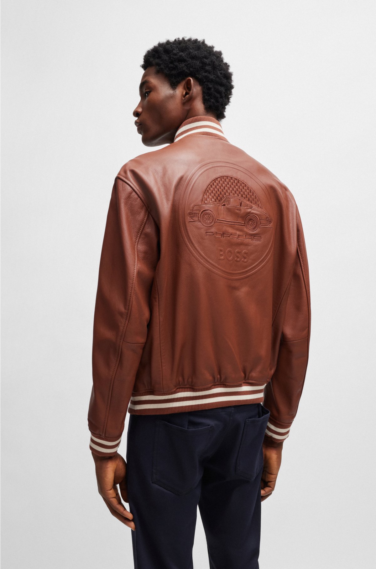Porsche x BOSS leather jacket with special branding, Brown