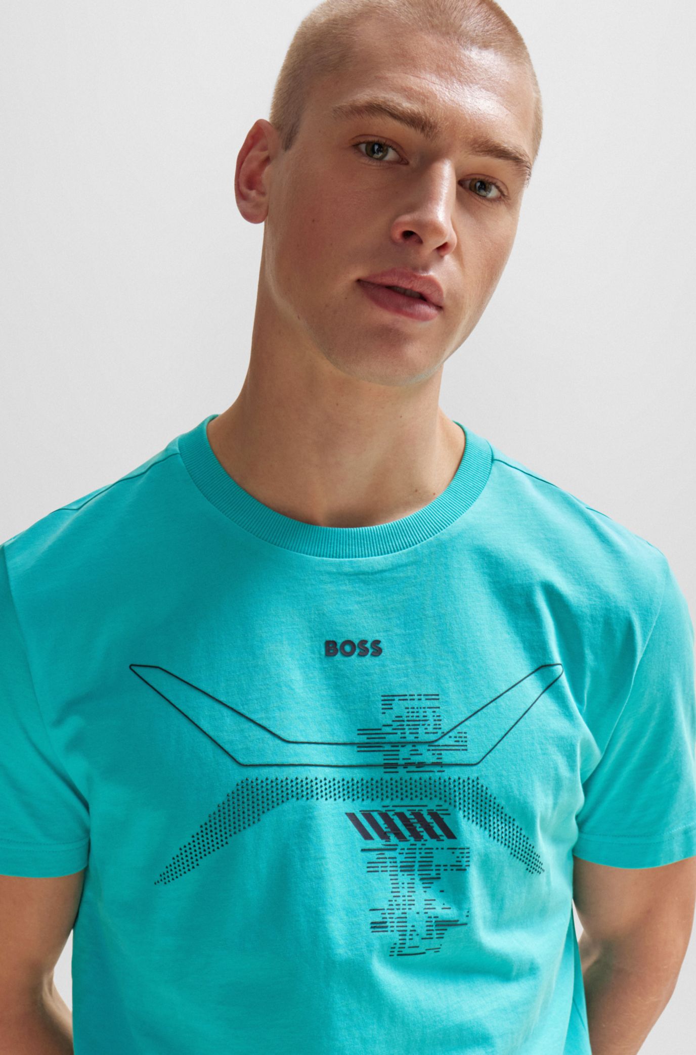 BOSS Cotton jersey T shirt with crew neck and seasonal artwork