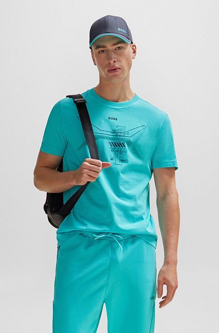 T-shirt à col rond en jersey de coton, avec motif artistique de la saison, Turquoise