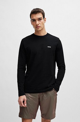 Regular-Fit Longsleeve aus Stretch-Baumwolle mit Kontrast-Logo, Schwarz
