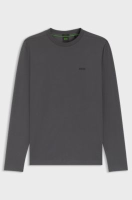 Long-sleeved stretch-cotton T-shirt with logo, Dark Grey